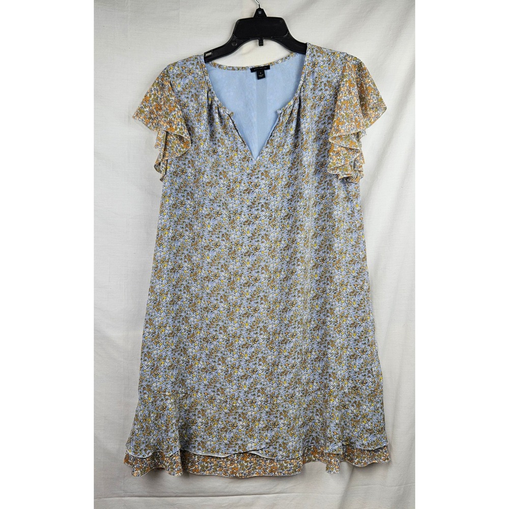 Ann Taylor Blue Floral Flutter Sleeve Ruffle Hem Shift Dress Womens M Fairy